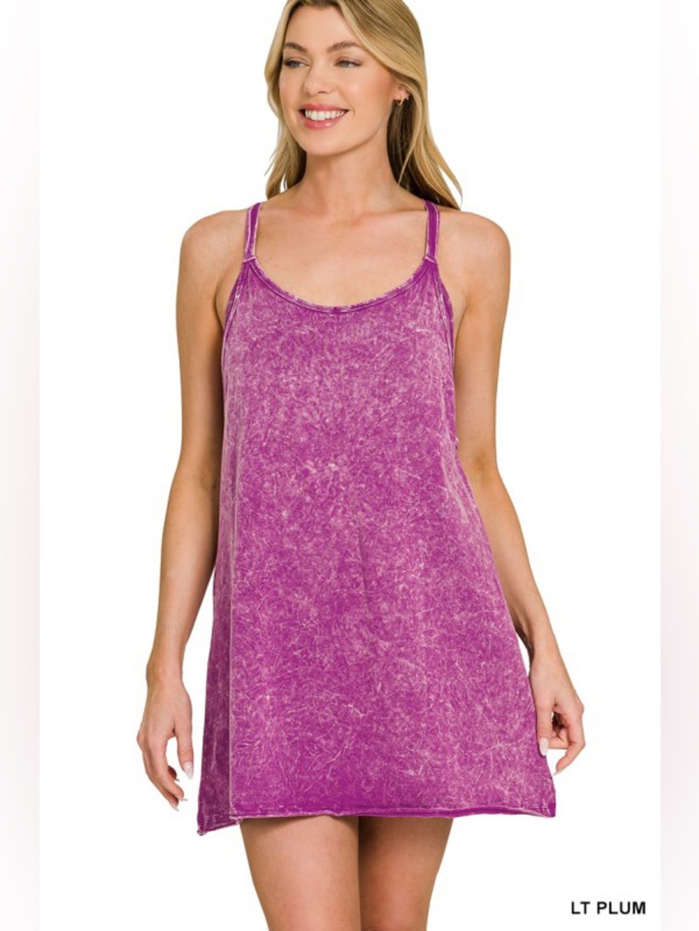 Light Plum CRINKLE WASHED MINI DRESS W/ BUILT-IN ROMPER LINER